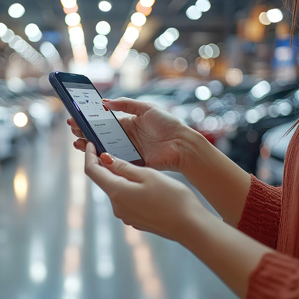A person's hands holding a smartphone, with a blurred background of a showroom or dealership.